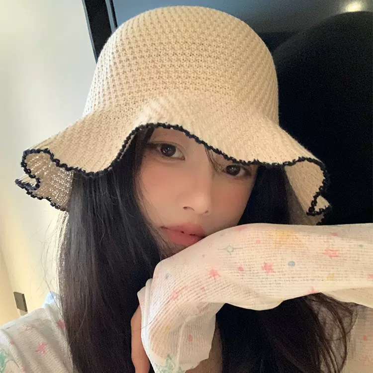 日系百搭花边编织渔夫帽子夏季出游显脸小透气遮阳帽防晒帽渔夫帽