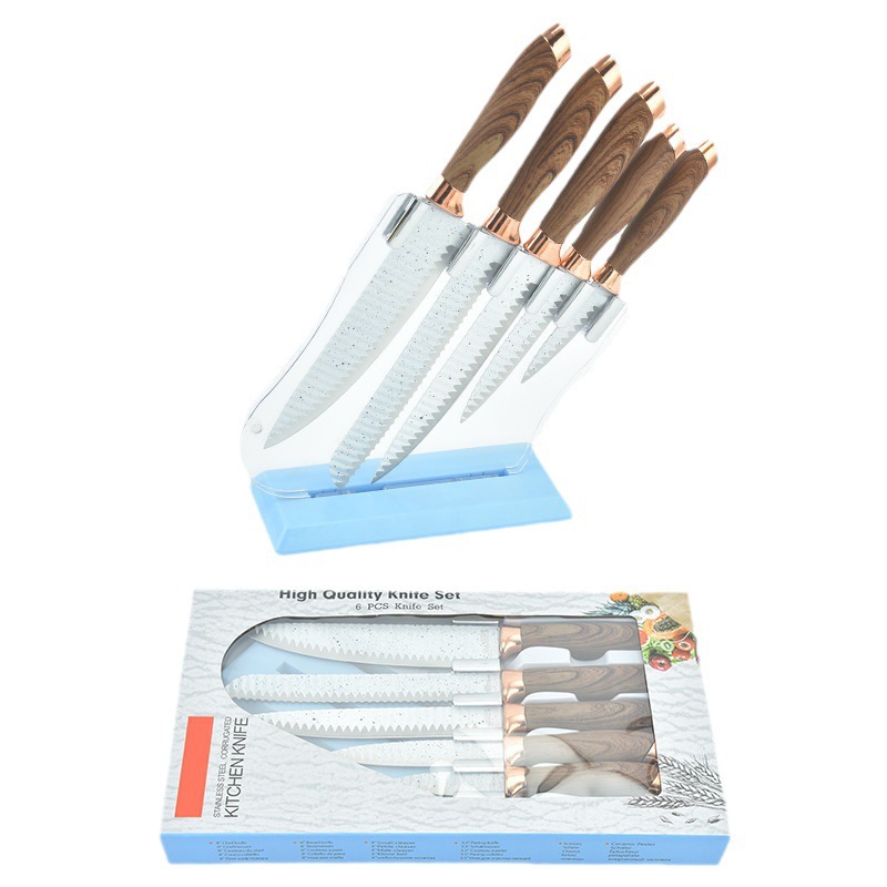 Inventario al por mayor mango de madera de seis piezas con cuchillo de cuchillo conjunto de cuchillo de cocina cuchillo de pan cuchillo de frutas conjunto de combinación