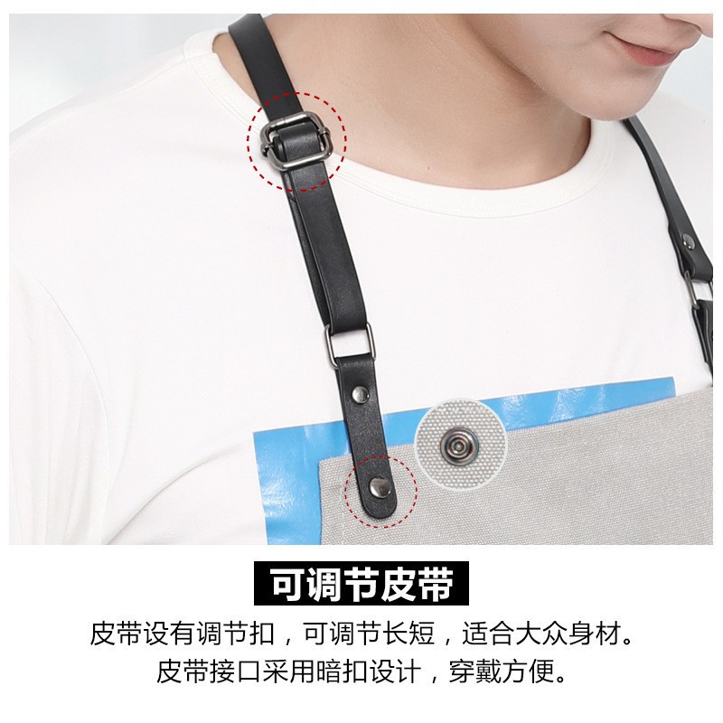 Comercio exterior delantal de lona gruesa peluquería cafetería panadería ropa de trabajo PU cuero correa ajustable delantal al por mayor