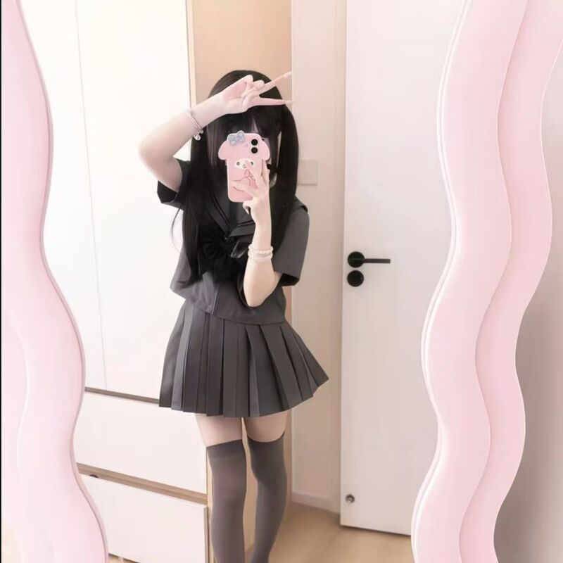 j原创正版JK制服灰色二本学院日系水手服短袖套装校供百褶裙|undefined