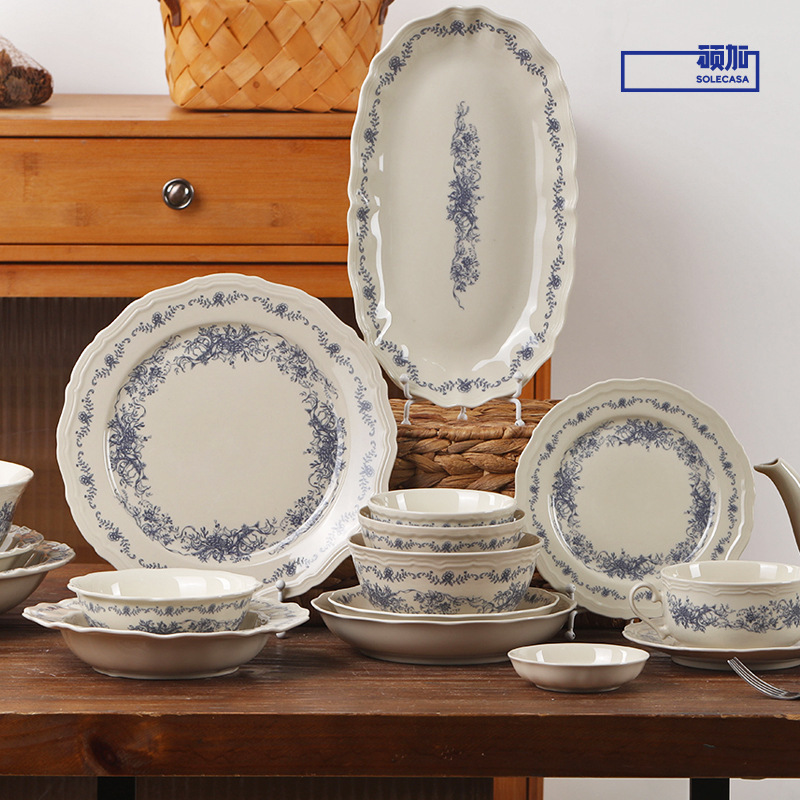 Shunxiang [Blue Mist Fluff] Ceramic Tableware Retro Light Luxury High-End Rice Bowls and Plates Home Plates and Dishes Set