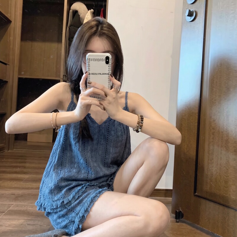 Korean-Style Design, Haze Blue Sexy Little Suspender Pajamas for Women, New Summer Shorts, Loose-Fitting Home Clothes That Can Be Worn Outside Korean-Style Design, Haze Blue Sexy Little Suspender Pajamas for Women, New Summer Shorts, Loose-Fitting Home Clothes That Can Be Worn Outside