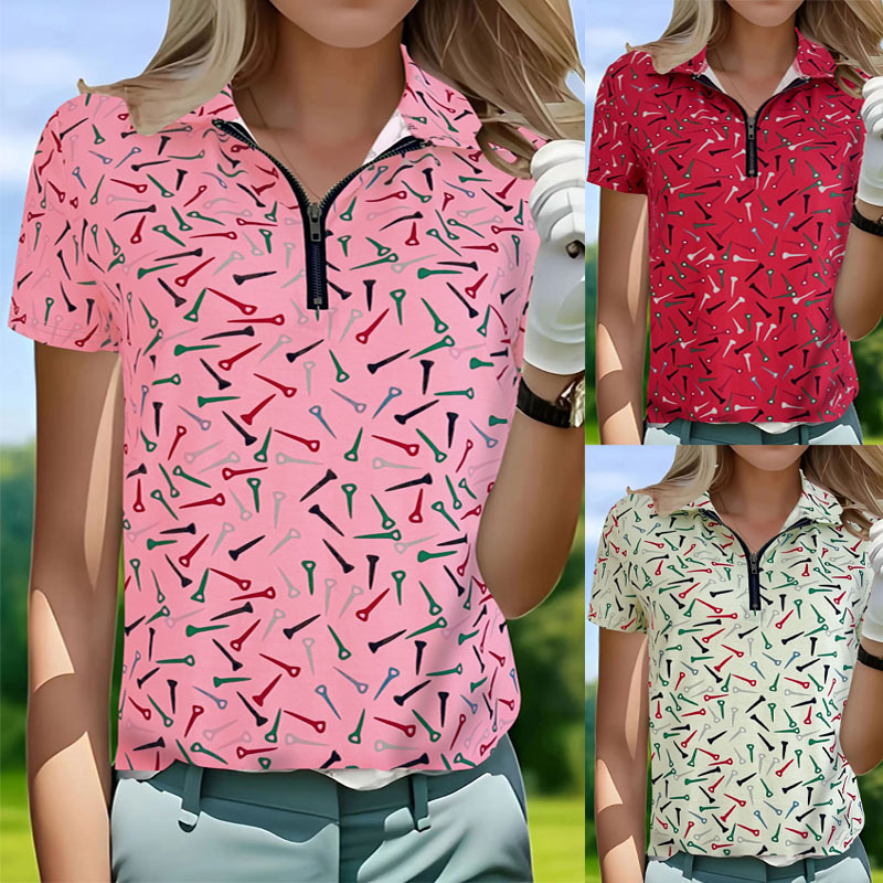 European and American Style Spring and Summer Plus-Size Women's Casual Sports Fashion Polo T-Shirt Digital Print V-Neck Zipper Shirt Top