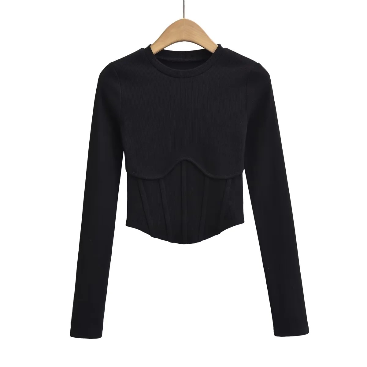 Stickad damtopp med lång ärm och fiskbensmönster slim fit_voghion.com