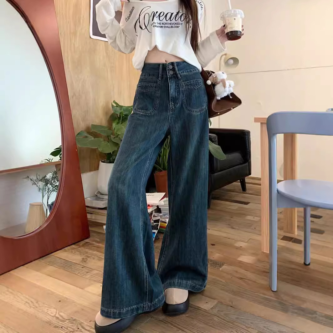 2025 봄과 가을 새로운 슬림 넓은 다리 바지 패션 모든 경기 캐주얼 높은 허리 느슨한 슬림 데님 바지