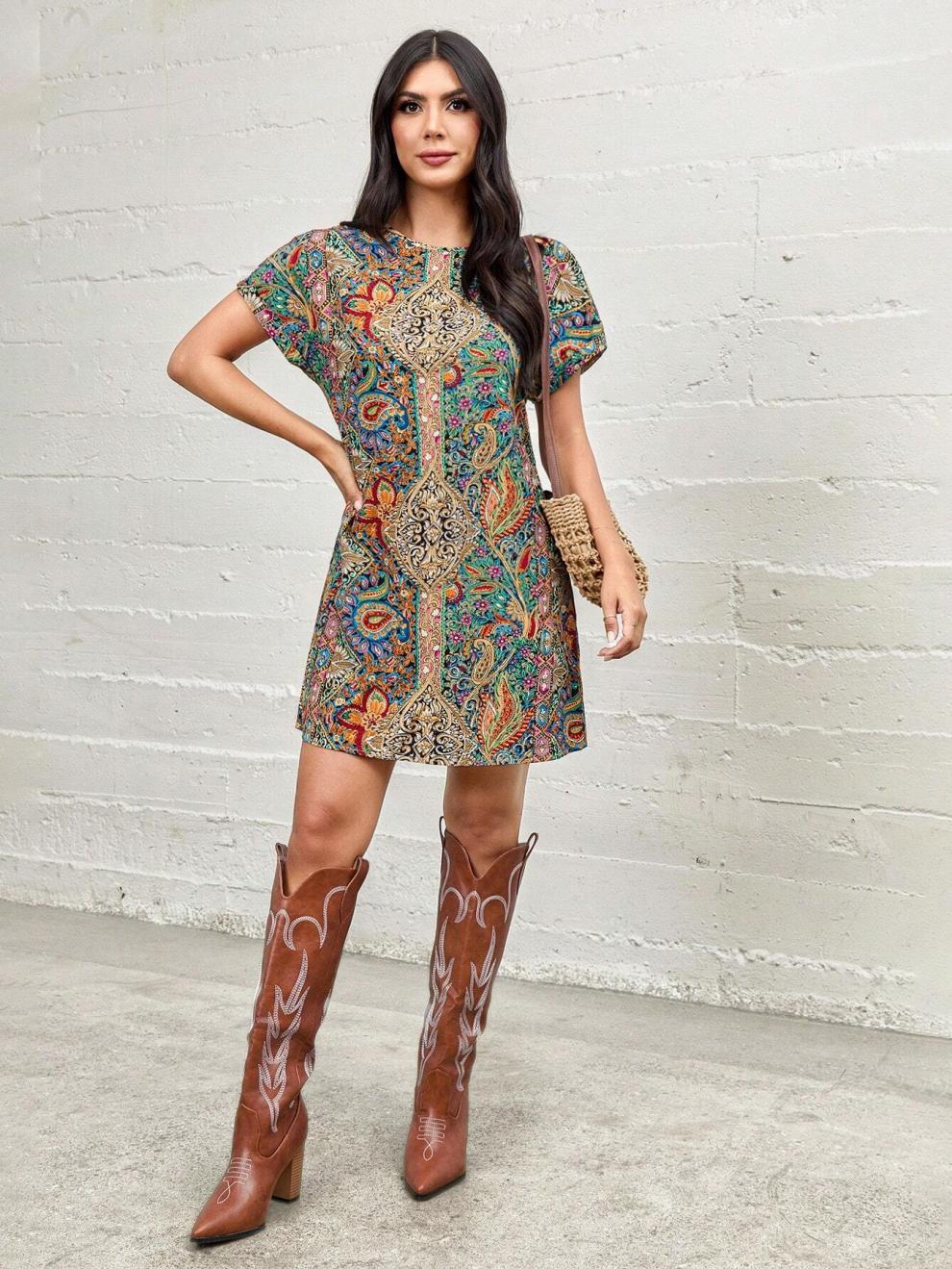 154g Weight Above Knee Dress Length Type Short Sleeve Sleeve Length Sheath Dress Dresses Type Batwing Sleeve Sleeve Type Polyester Fabric Type Mid Waist Waist Line Holiday Occasion Round Neck Neckline Regular Fit Fit Type Multicolor Pattern Summer Season Women's Gender Streetwear Style Wholesale Women's Streetwear Multicolor Holiday Round Neck Short Sleeve Sheath Dress 17
