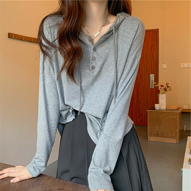 Solid color hooded casual T-shirt women's 2022 autumn new women's fashion personality pullover all-match long-sleeved top