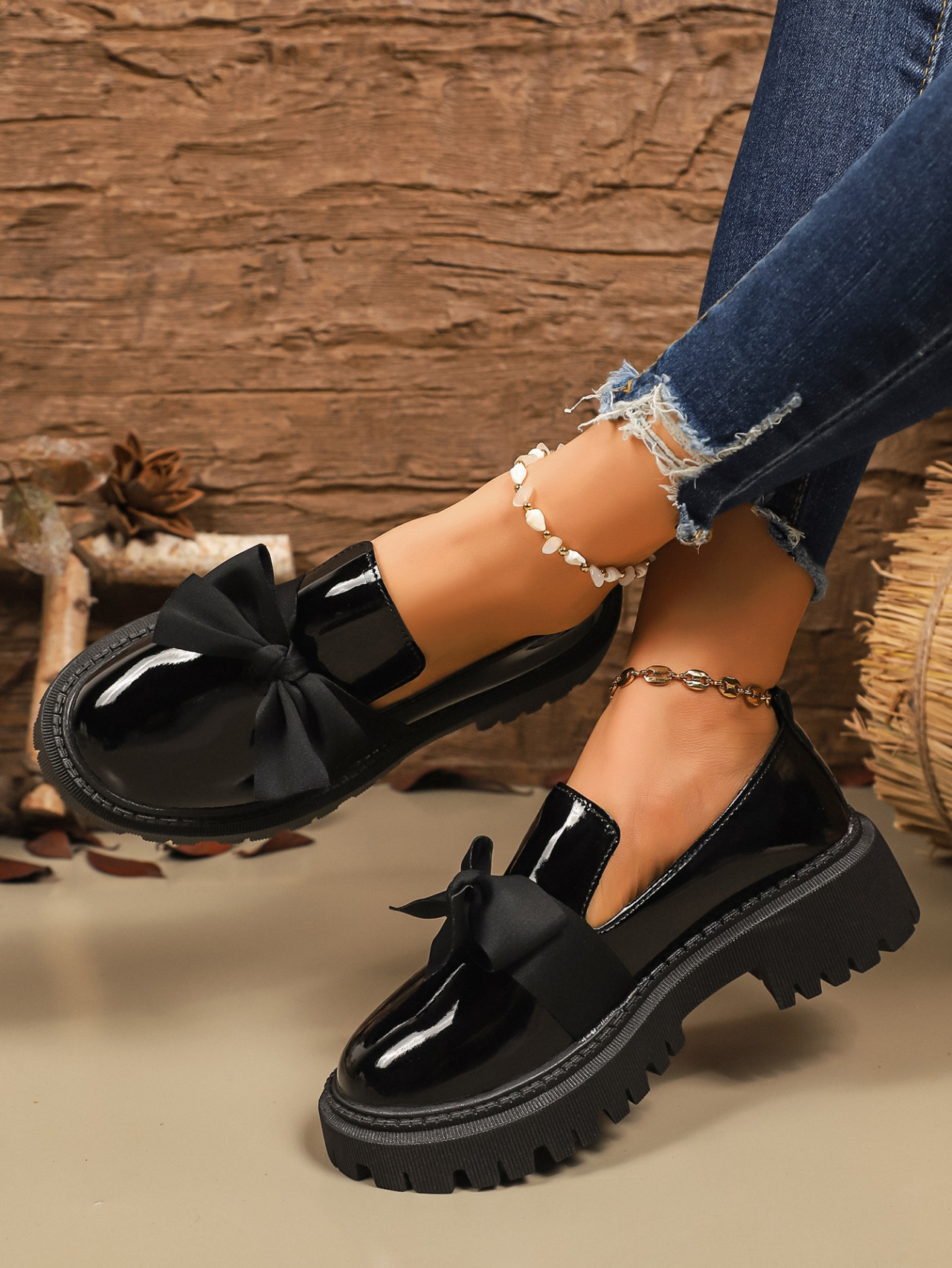 Women's Lus Size Bow Low Top Single Shoes Slip-On Leather Thick Soled Autumn New Style Size 43_vogvips.com