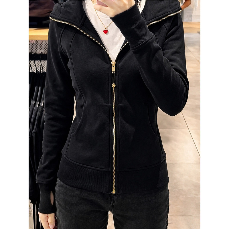 Black zip-up cardigan, slimming for petite women, 2026 new early autumn hooded top, slim-fit sweatshirt jacket
