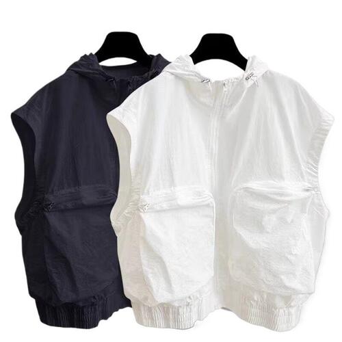 Pure Color Workwear Sleeveless T-Shirt for Men, Summer Korean Version Fashion Loose 3D Pockets Design Cardigan Backless Vest