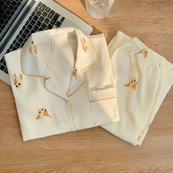 Nuevo conjunto de pijamas de algodón nublado transfronterizo de manga larga delgada primavera y otoño de mujeres lindos pantalones de dibujos animados dulces ropa para el hogar