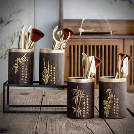 梅兰竹菊铜木茶道六君子纯铜功夫茶具配件茶刀笔筒实木黑檀