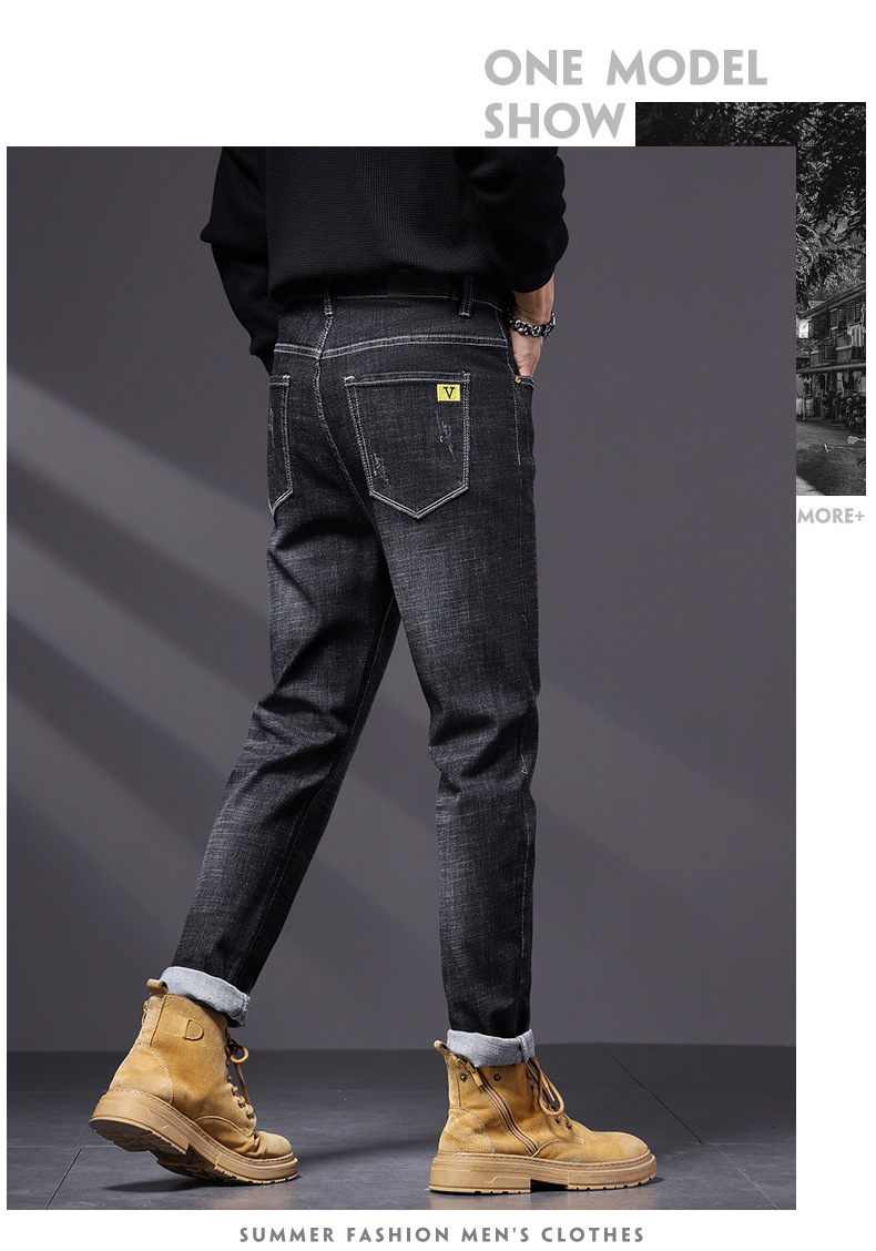 High ed jeas me's tredy brad 2024 Sprig ad Autum ew America black slim fit small foot casual log pats for_voghion.com