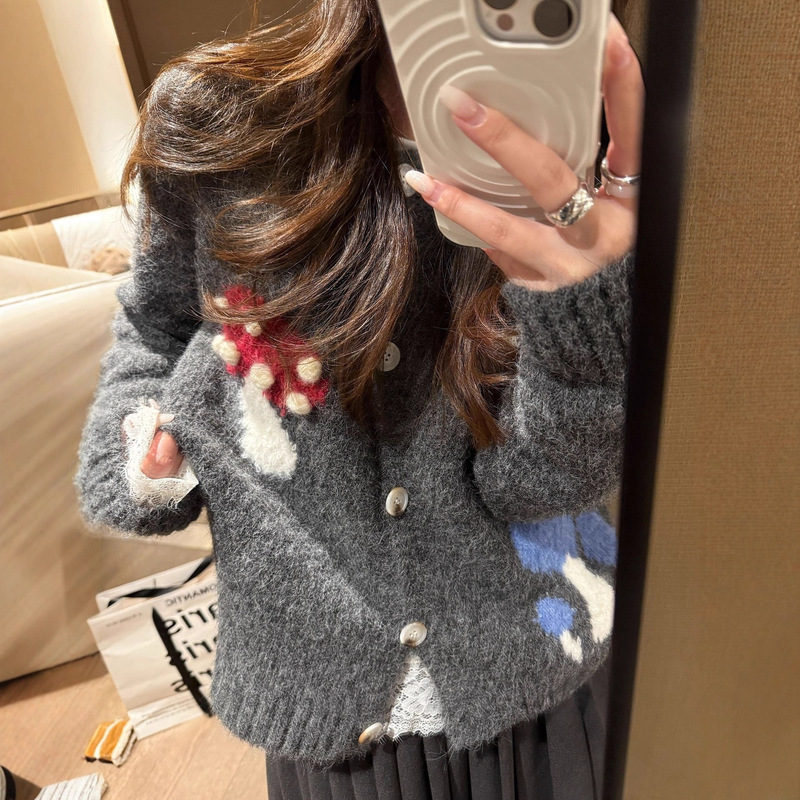Girly Handmade Cute Stereo Mushroom Soft Fufu Alpaca Knitted Cardigan Sweater Autumn and Winter Inner Top
