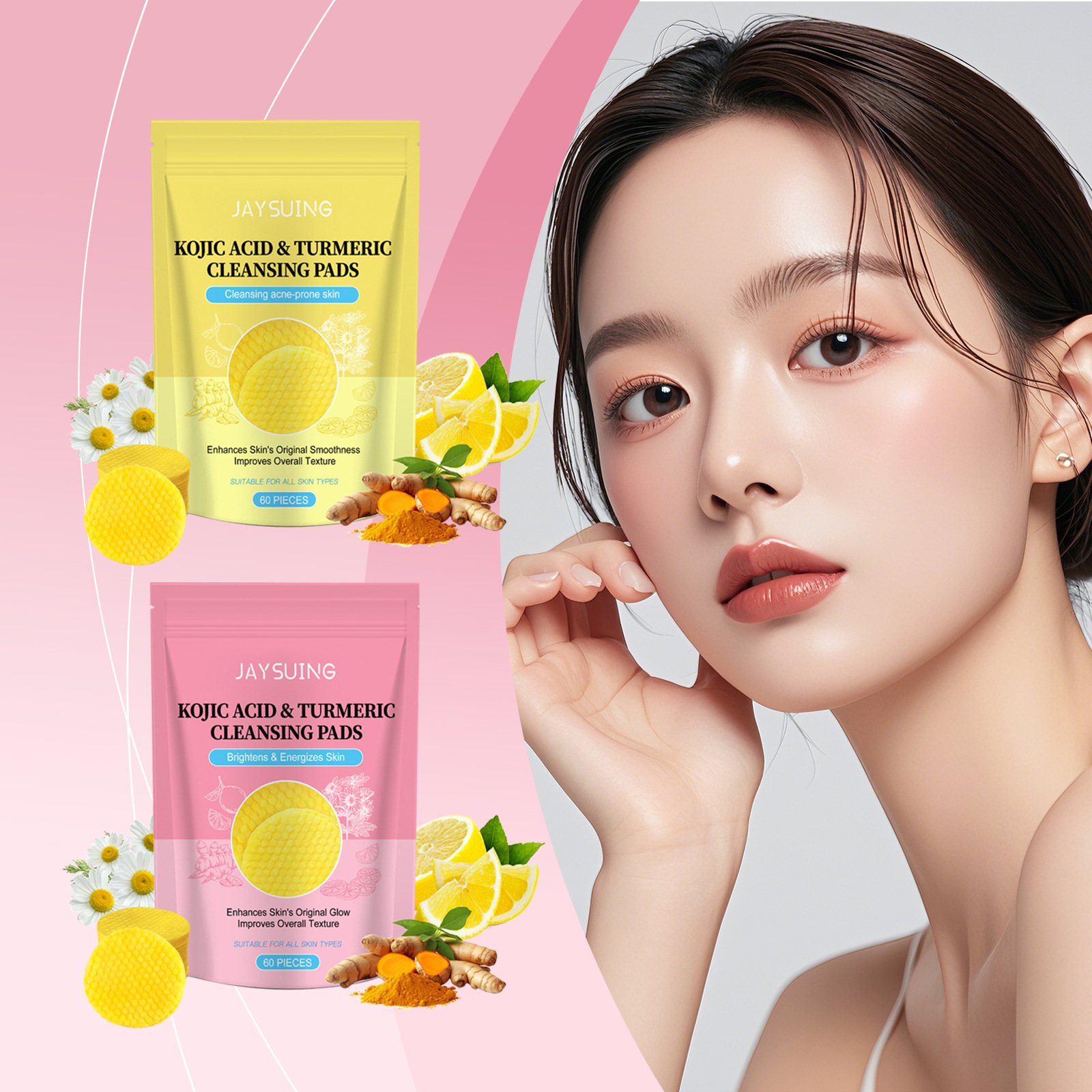 Jaysuing Kojic Acid Turmeric Cotton Pads Gentle Cleansing of Facial Pores, Moisturizing and Hydrating Kojic Acid Cotton Pads