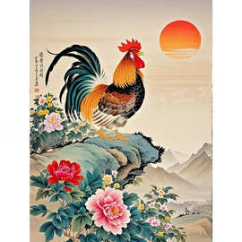 老式年画打鸣大公鸡报喜自粘家居仿真大公鸡图片自粘卧不干胶贴纸