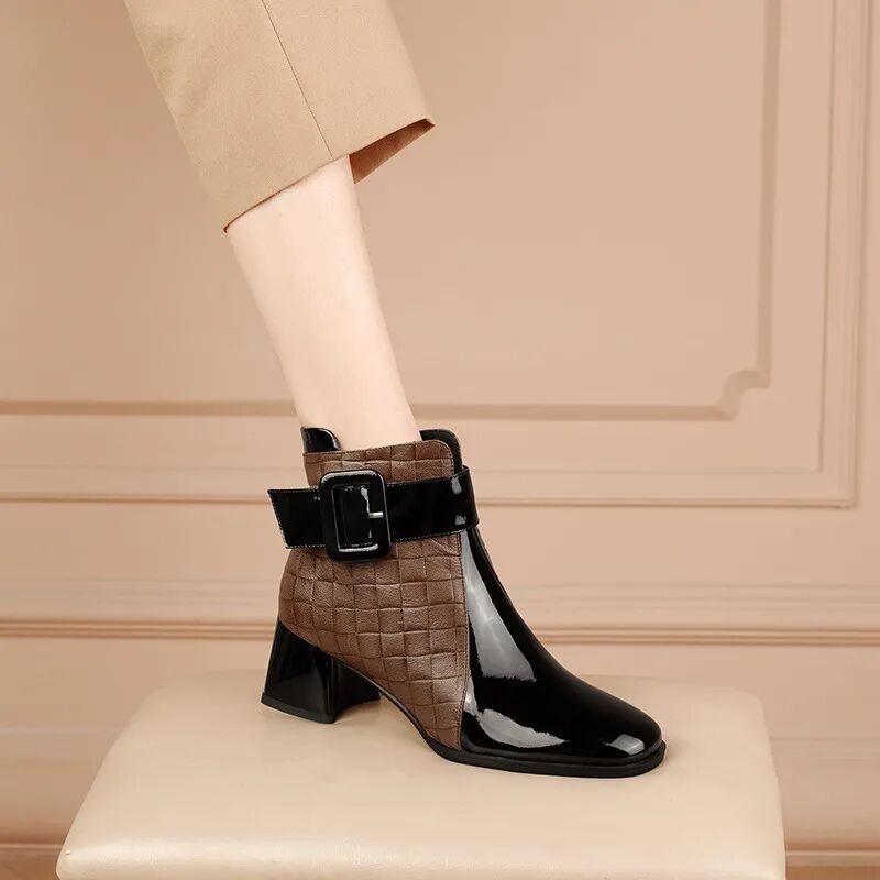 Square Toe Belt Buckle Boots for Women in Autumn and Winter New Style Spliced ​​Genuine Leather Medium Heel Patent Leather Women's Boots Versatile Thick Heel Short Boots