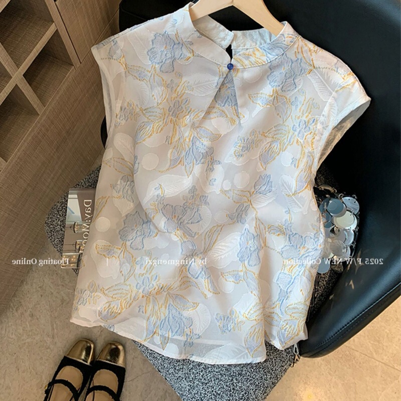 新しい中国風スタンドカラーボタン刺繍ジャカードノースリーブシャツ女性のための 2025 新しい禅スタイル年齢軽減シックなベストトップ|undefined
