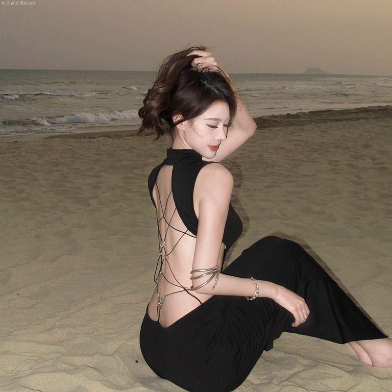 New Hot Girl Style Backless Bow Dress Sexy Slit Mid-Length Elegant Half Turtleneck Long Skirt