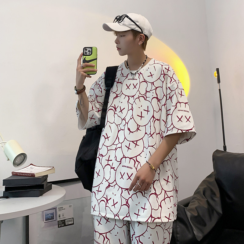 Ropa de pareja de verano de cuello redondo camiseta de manga corta para hombres dos pantalones cortos delgados se pueden usar ropa para el hogar 28013