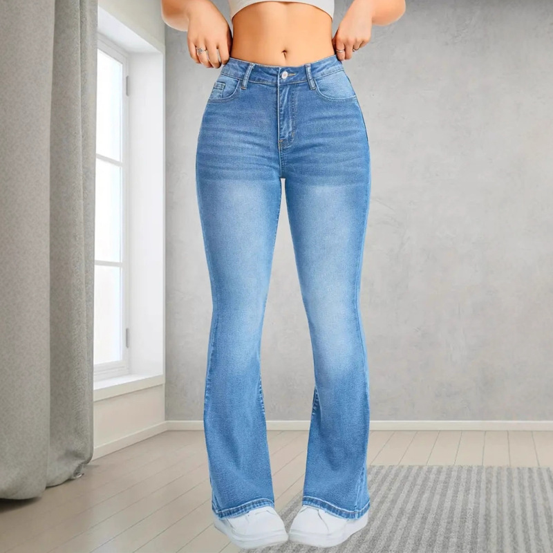 跨境JEANS修身欧美时尚长裤喇叭裤显瘦浅蓝弹力女低腰牛仔裤25独|undefined