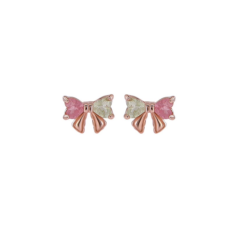 Bông tai bạc S925 mạ vàng hồng đính tourmaline hình nơ ánh sáng — Một cặp (màu tourmaline ngẫu nhiên)