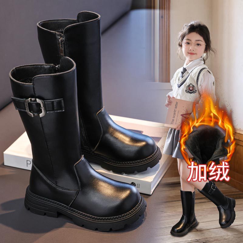 Girls' Boots Fleece-Lined High Boots 2025 Autumn and Winter New Style Medium and Large Kidsren's Warm and Fashionable Princess Cotton Boots Knight Boots