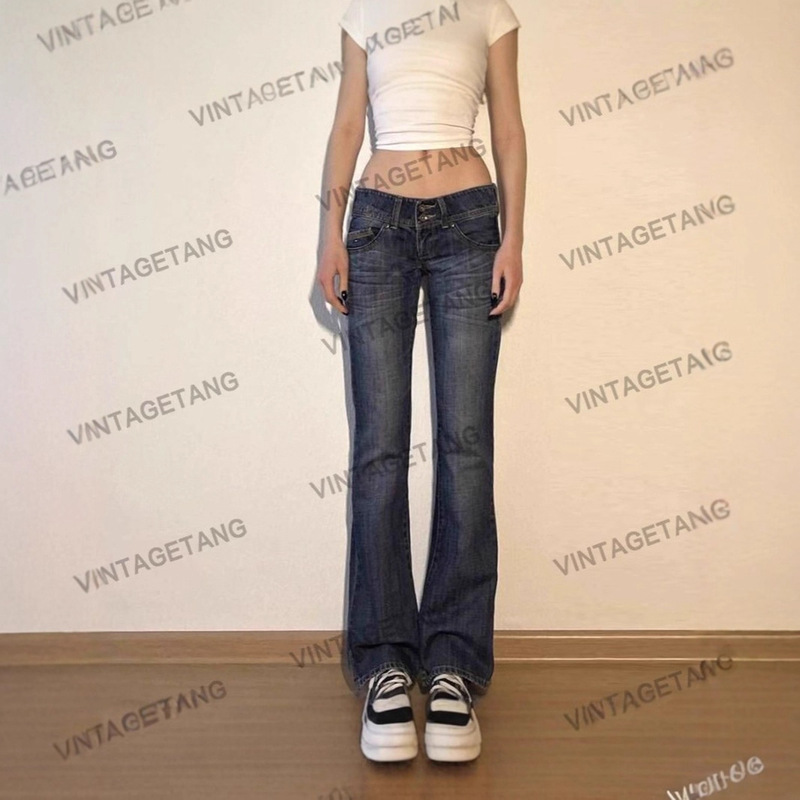 American Retro Spicy Girl Low-Rise Flared Floor-Length Jeans for Women 2025 Spring and Autumn New Petite Stretchy Bell-Bottom Pants