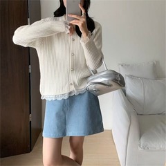 小个子蕾丝边纯色针织开衫女士秋冬毛衣氛围感温柔风甜美百搭上衣