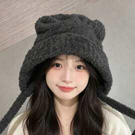 可爱小熊毛绒帽子女秋冬季保暖显脸小针织毛线帽大头围护耳包头帽
