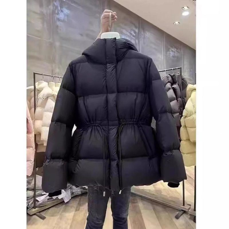 Korean Style Light Luxury Hooded Goose down Jacket for Women, Mid-Length, 2025 Winter Drawstring Waist, Thickened, Elegant down Coat