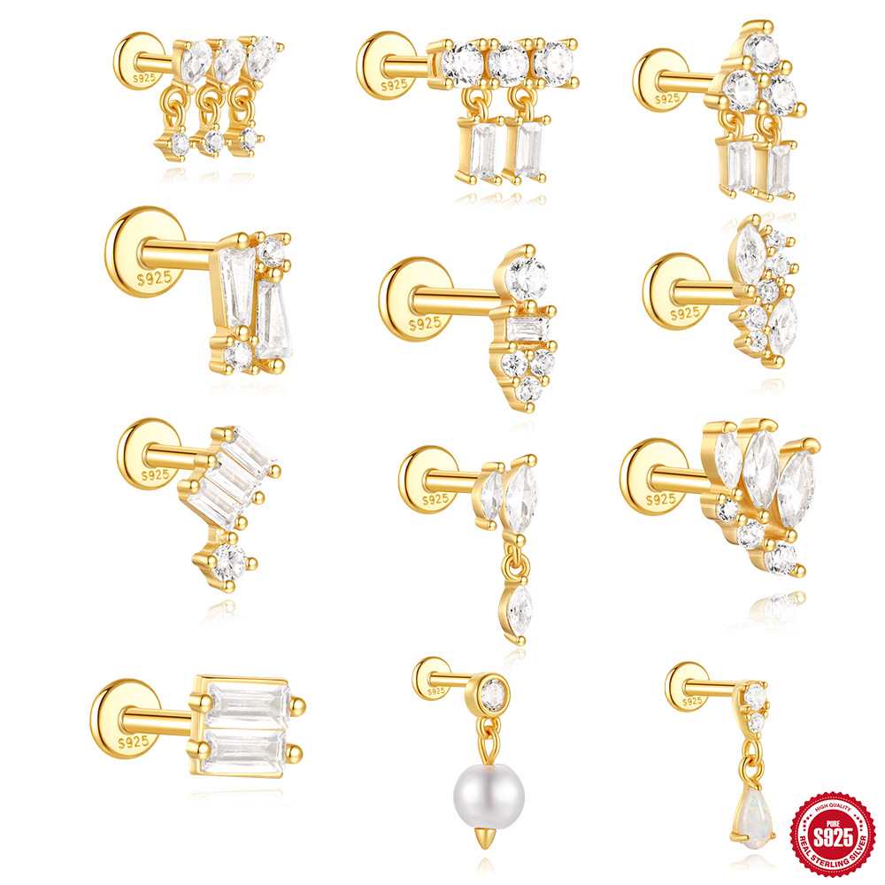 Pendientes de perforación en espiral de cartílago geométrico con diamantes de plata de ley s925 europea y americana