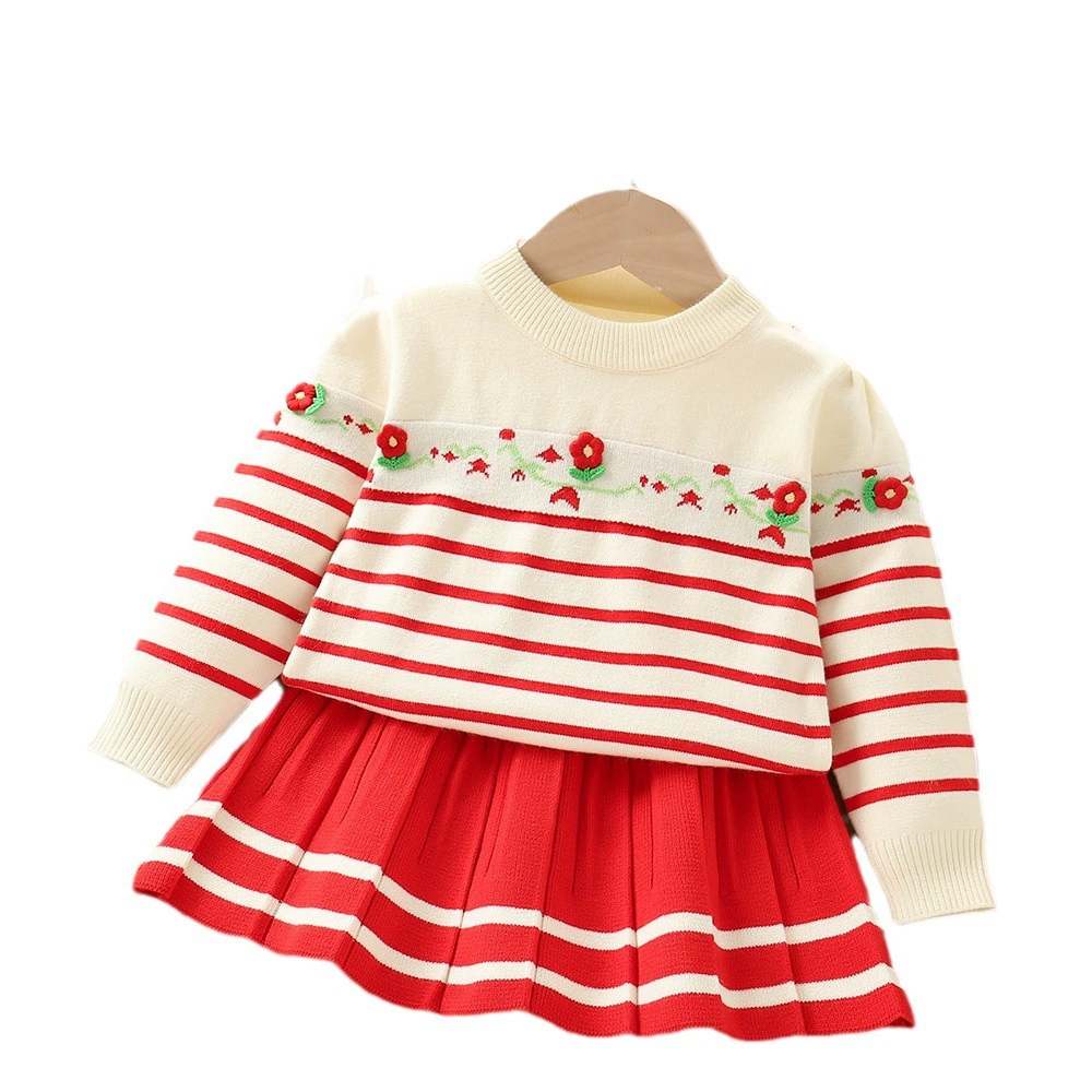 Sweater, demi-season set, knitted mini-skirt, Korean style, western style, flowered