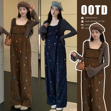 现货秋冬喇叭袖打底孕妇上衣加绒加厚刺绣韩版孕妇背带裤孕妇套装