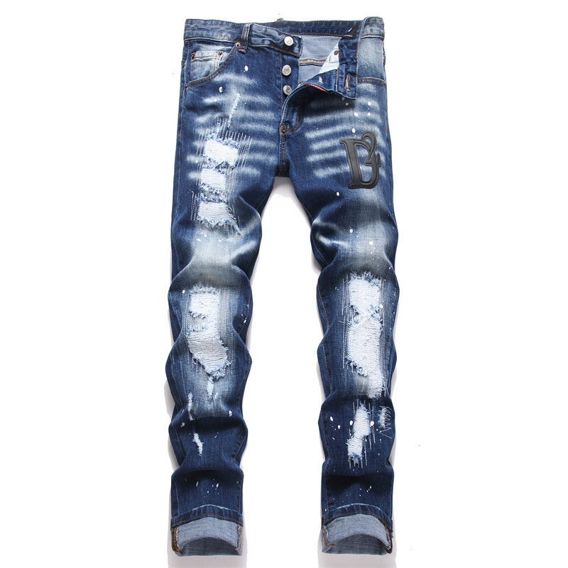 In Stock New 2025 Spring Slim Fit Stretch Ripped Patch Embroidered Men's Jeans Trendy Pants 4058