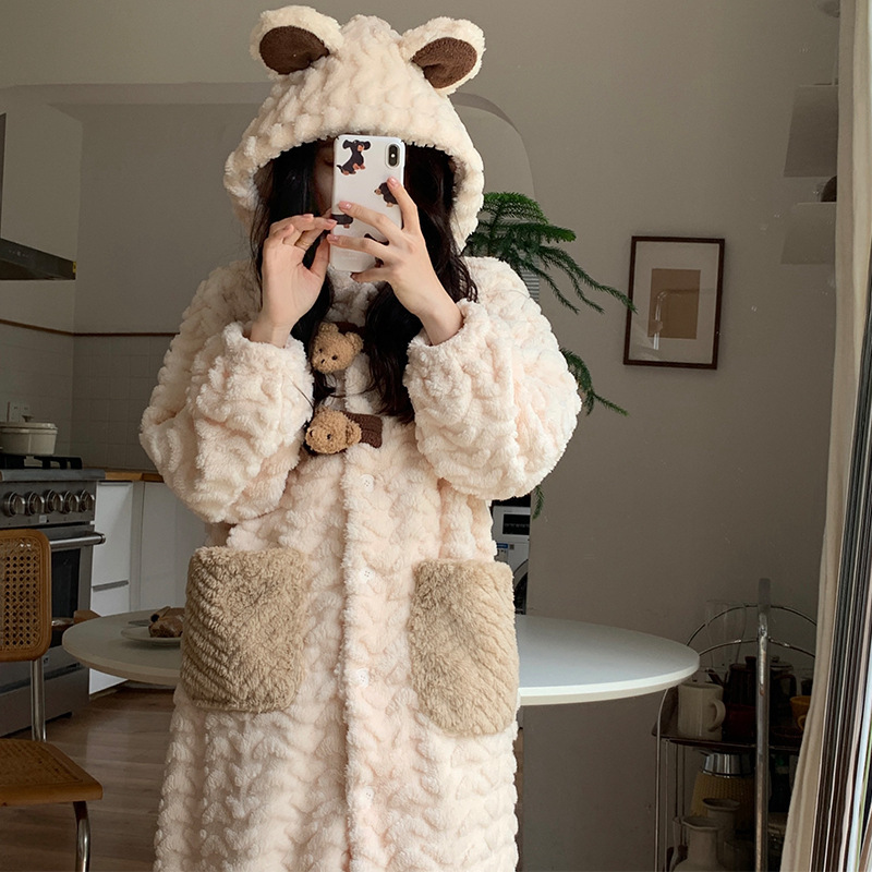 Cute Bear Coral Fleece Nightgown Women's Winter Hooded Thickened Warm Plush Sweet Long Bathrobe Home Clothes Cute Bear Coral Fleece Nightgown Women's Winter Hooded Thickened Warm Plush Sweet Long Bathrobe Home Clothes
