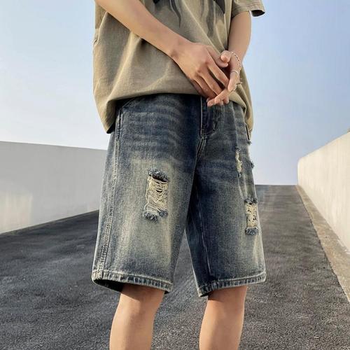 American casual retro ragged hole denim shorts for men loose trendy cool five-pocket shorts summer thin middle pants