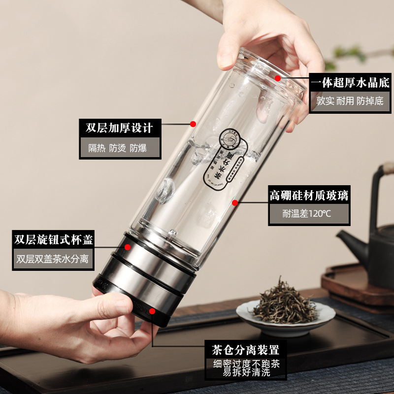 机械盖旋转式茶水分离泡茶杯单双层玻璃杯男士水杯便携杯子