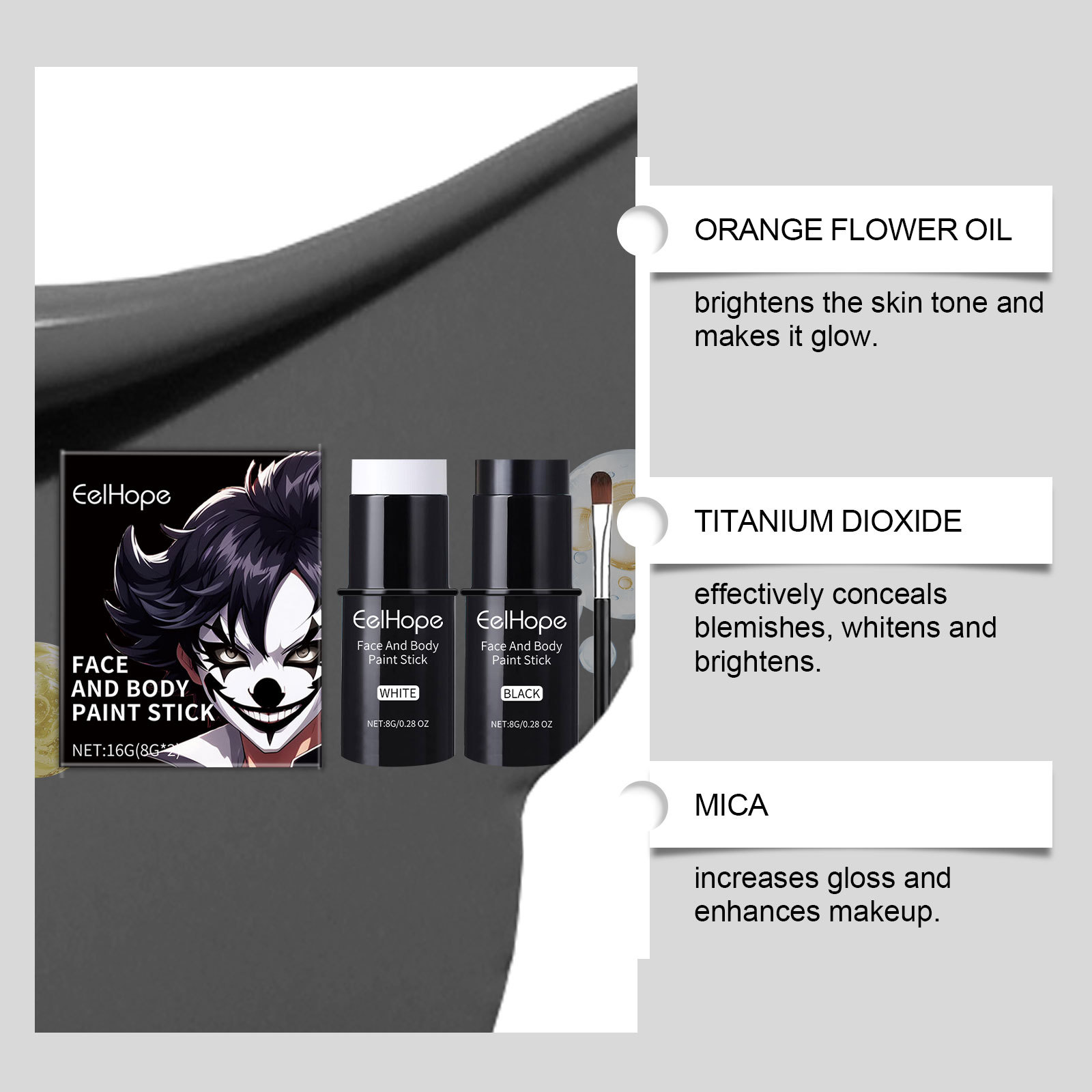 Black  White Face Paint Kit - Long-Lasting Waterproof Halloween Makeup Set