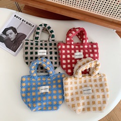 21084 Autumn/Winter New Lambkin Plaid Cute Handheld Tote Bag Women's Bag Portable Large Capacity Shoulder Bag