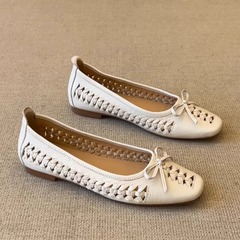 フランス製スーパーソフトレザー中空織り浅口シューズ女性用春夏ソフトレザーソフトソール本革スクエアトゥフラットソール下駄