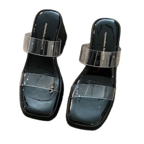 Sandalias Zuecos de Tacón Alto con Tira Transparente para Mujer de Caucho y PU