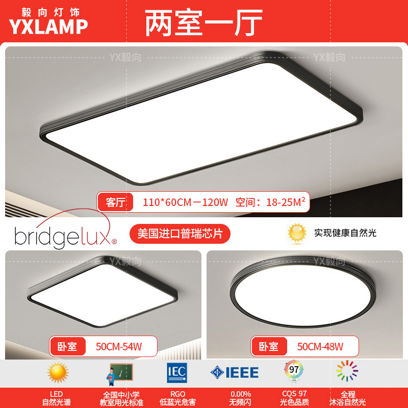 Luz de techo, lámpara de sala de estar, lámpara principal de espectro completo, protección de ojos, lámpara de dormitorio moderna simple sin hendiduras, lámpara negra Zhongshan