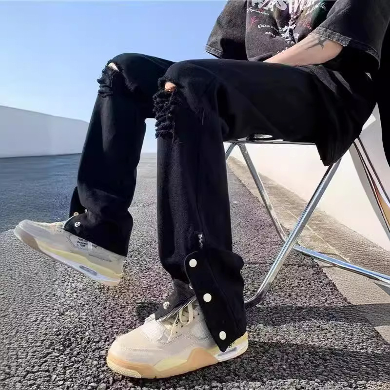Black Ripped Jeans for Men, Summer High Street Niche Design Zipper Straight-Leg Pants, American Style Ins Trendy Brand Long Pants