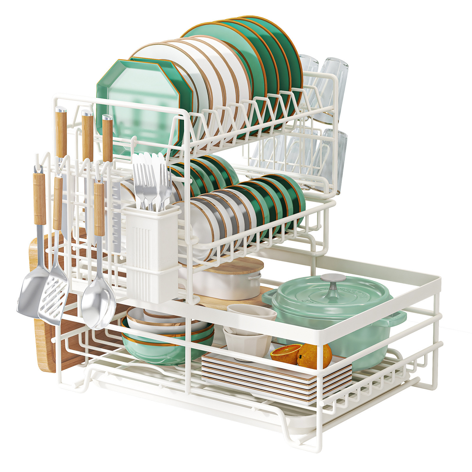 Transfronterizo Amazon cocina estante de platos a prueba de óxido casera doble capa de drenaje estante de platos multifuncional estante de almacenamiento de platos