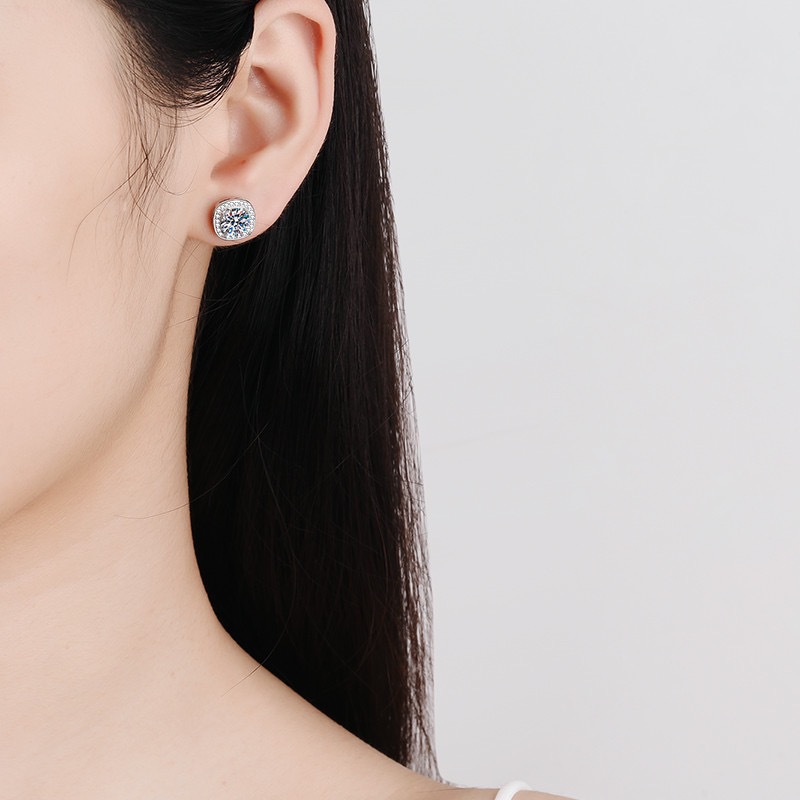 S925 plata esterlina bienes genuinos diamante cuadrado bolsa Stud pendientes temperamento femenino simple moissanite regalo joyería del oído suministro en vivo