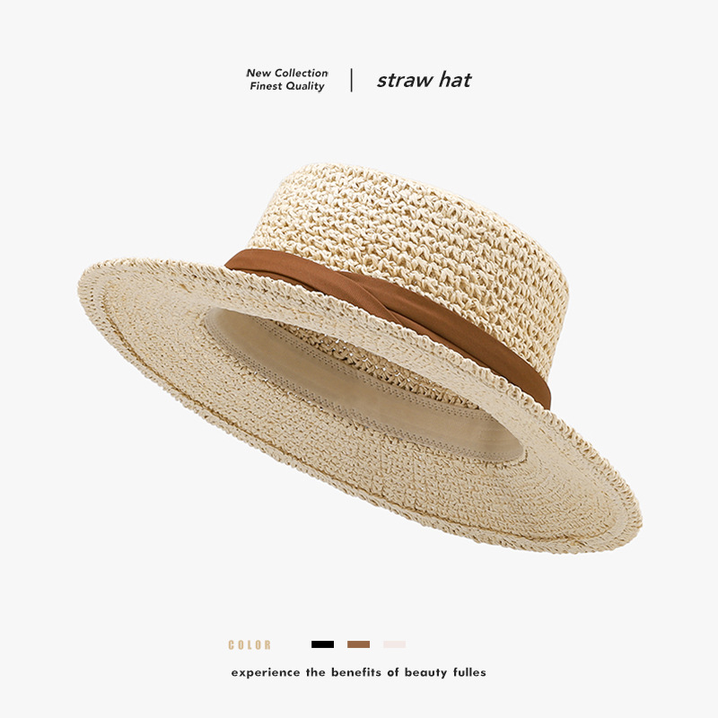 Chapéu de palha estilo francês feminino, com aba larga e proteção solar, ideal para férias de verão na praia._voghion.com