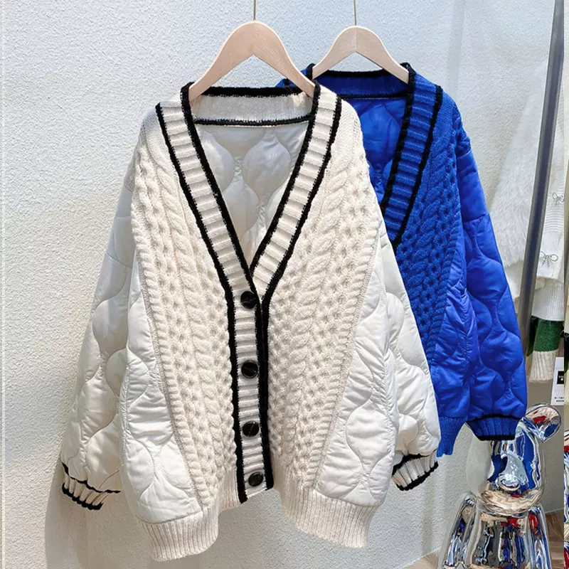 欧货棉服拼接毛衣外套女2025秋冬新款宽松慵懒风v领针织开衫上衣