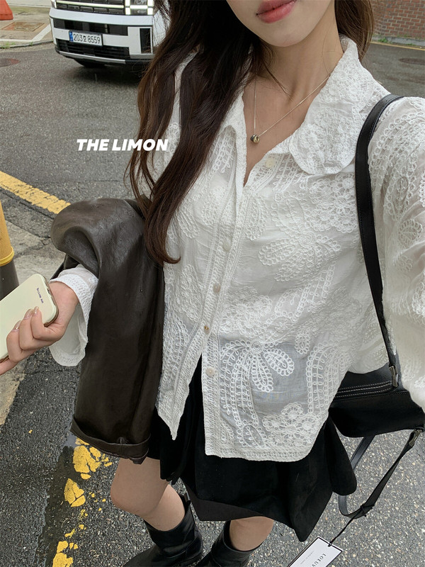 thelimon柠檬绿茶法式气质重工提花刺绣百搭显瘦娃娃领长袖衬衫女|undefined
