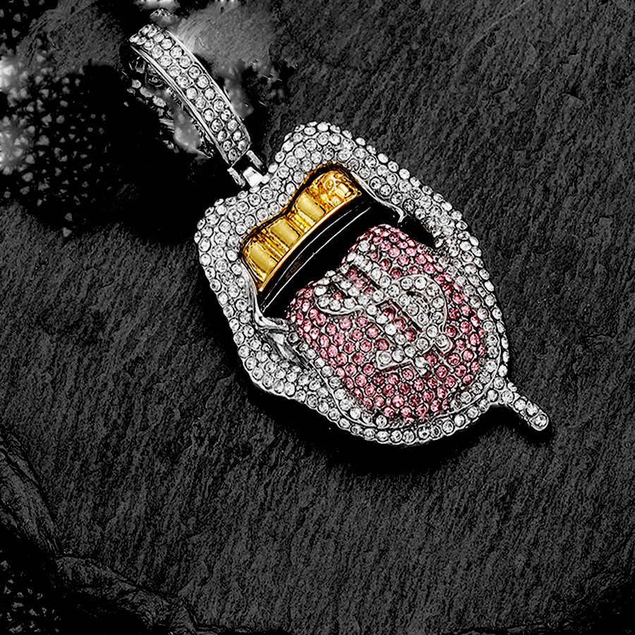 Cross-border ins extraño diamante tridimensional de color Hip-Hop europeo y americano escupir lengua collar de esqueleto collar de diamante collar de cadena de clavícula cubana
